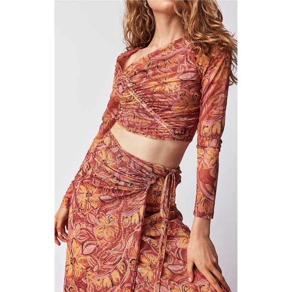 Free People Women Wrap Skirt Top Set Orange Floral XS Supernova